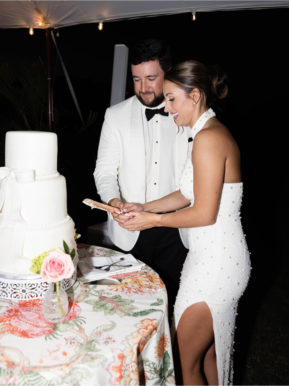 Oh Polly White Beaded Halter Gown with Side Slit